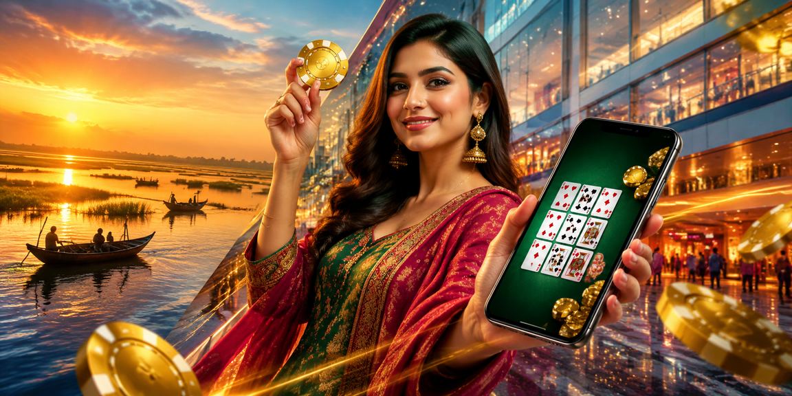 তাঙ্গুয়ার হাওরে একজন নারী প্লেয়ার মোবাইলে রামি গেম ও বোনাস উপভোগ করছেন